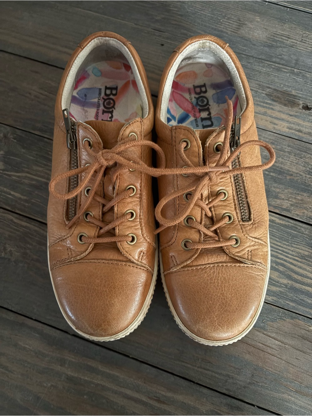 Born Cognac Brown Leather Lace-Up Sneakers with Side Zipper